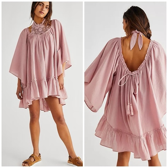 Free People Dresses & Skirts - NEW Free People Pink Giving Us Sass Crochet Neck Flutter Tunic Mini Dress Sz S
